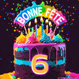 GIF animé pour un 6e anniversaire avec un gâteau au chocolat recouvert de glaçage arc-en-ciel, des bougies allumées, et le texte 'Bonne Fête' sur un fond étoilé et festif.