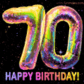 Shiny number 70 birthday celebration balloons with an iridescent glow, animated GIF
