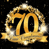 Il numero 70 è circondato da un anello dorato brillante, accompagnato da un nastro elegante con la scritta 'Buon Compleanno!' su uno sfondo scuro.