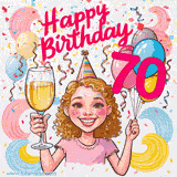 An animated birthday GIF featuring a smiling cartoon woman holding a glass of wine. Text reads 'Happy Birthday 70' surrounded by colorful balloons and confetti.