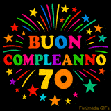 GIF animata 'Buon Compleanno 70' con lettere colorate e fuochi d'artificio
