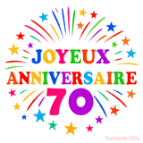 GIF animé joyeux anniversaire 70 ans avec étoiles multicolores et feu d’artifice