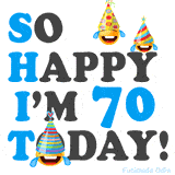A fun birthday animation celebrating turning 70 with colorful party hats, smiling faces, and cheerful emojis.