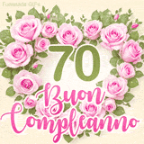 GIF per il 70° compleanno con un cuore di rose rosa e scritta elegante