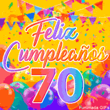 Un GIF animado para un 70º cumpleaños, Muestra el texto 'Feliz Cumpleaños 70' sobre un fondo amarillo vibrante con globos de colores, banderines y una lluvia de confeti.