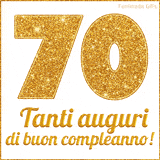 GIF animata per un 70° compleanno, Mostra il numero 70 in grandi caratteri dorati pieni di glitter scintillante, Sotto, la scritta 'Tanti auguri di buon compleanno!' in un elegante oro.