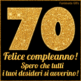 Un GIF animato per un 70° compleanno, Presenta il testo 'Buon Compleanno 70' su uno sfondo giallo vivo con palloncini colorati, festoni e una pioggia di coriandoli.