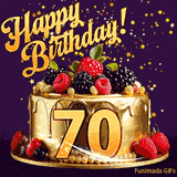 A delicious-looking animated birthday card for a 70th birthday, decorated with raspberries, blackberries, and gold details, Stars sparkle and fall, with 'Happy Birthday!' text above.