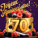 Une animation de célébration d'un gâteau de 70ème anniversaire, Des étoiles dorées tombent du ciel, mettant en valeur le texte 'Joyeux Anniversaire !' et le nombre doré 70 à l'avant du gâteau.