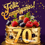 Una animación de celebración de una tarta para el 70º cumpleaños, Estrellas doradas caen del cielo, destacando el texto '¡Feliz Cumpleaños!' y el número dorado 70 en la tarta.