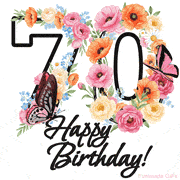 A floral 70th birthday animated greeting card. The number '70' is surrounded by animated flowers and butterflies, creating a beautiful and cheerful way to celebrate the milestone.