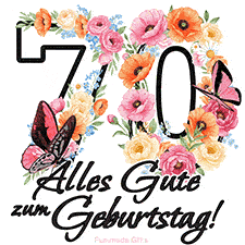 Ein florales GIF zum 70. Geburtstag. Die Zahl '70' ist von animierten Blumen und Schmetterlingen umgeben und bietet eine schöne und fröhliche Art, den Meilenstein zu feiern.