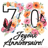 Ce GIF de Joyeux 70ème Anniversaire présente le nombre vingt rempli d'un bouquet vibrant de fleurs animées, avec des papillons qui bougent doucement sur un fond blanc.