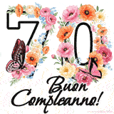 Questo GIF di Buon 70° Compleanno mostra il numero venti riempito con un vibrante bouquet di fiori animati, con farfalle che si muovono dolcemente su uno sfondo bianco.