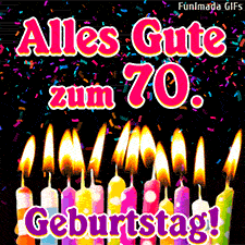 Ein dunkler Raum mit leuchtenden Kerzen и herabrieselndem Konfetti. Der Schriftzug wünscht Alles Gute zum 70. Geburtstag in großen, hellen Buchstaben.
