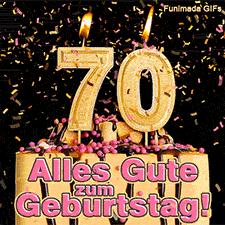 Eine Torte mit Schokoguss, rosa Perlen und einer brennenden goldenen 70. Goldene Schnipsel wirbeln herab. Aufschrift im Bild: Alles Gute zum Geburtstag! Rund.