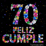 El mensaje FELIZ CUMPLE y el número 70 se leen formados por texturas de joyas de colores vibrantes contra un fondo negro con pequeñas estrellas.