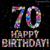 The number 70 and the phrase Happy Birthday composed of shiny glittering precious stones, set against a dark space animated with little glowing bright stars.