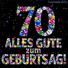 Auf schwarzer Fläche stehen die Zahl 70 und Alles Gute zum Geburtstag aus bunten Diamanten, begleitet von kleinen leuchtenden Sternen.