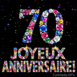 Le chiffre 70 et le lettrage Joyeux Anniversaire réalisés en joyaux éclatants de diverses couleurs sur une toile noire avec des étincelles.