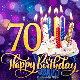 A frosted cupcake with burning candles next to a large gold number 70. Below is cursive Happy Birthday text against a sparkling purple bokeh.