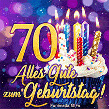 Törtchen mit weißer Creme und brennenden Kerzen neben der goldenen 70. 'Alles Gute zum Geburtstag!' in Gold auf lila funkelndem Grund.