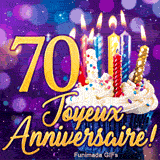 GIF sept décennies 70 ans : le chiffre 70 d'exception en or avec un gâteau d'anniversaire et des bougies brillantes.