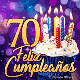 GIF siete décadas 70 años: el número 70 de excepción en oro junto a una tarta de cumpleaños y velas encendidas.
