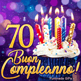 GIF sette decenni 70 anni: il numero 70 speciale in oro accanto a una tortina di compleanno e candele accese.