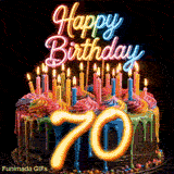 70th birthday GIF featuring a spinning rainbow drip cake, lit candles, neon Happy Birthday sign, and glowing gold number 70.