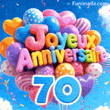 Sous un ciel clair avec de doux nuages, un bouquet de ballons en mouvement présente l'inscription 3D Joyeux Anniversaire et le chiffre bleu 70 suspendu.