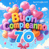Sotto un cielo chiaro con dolci nuvole, un mazzo di palloncini in movimento presenta l'iscrizione 3D Buon Compleanno e il numero azzurro 70 sospeso.