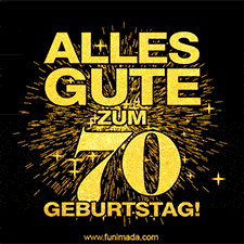 Ein GIF zum70. Geburtstag mit goldener Schrift und Feuerwerk auf schwarzem Hintergrund.