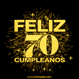 GIF animado con un diseño dorado, mostrando el número 70 rodeado de fuegos artificiales y luces que resaltan una atmósfera festiva y vibrante.