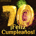 ¡Muy felices 70 años! GIF de texto dorado y fuegos artificiales.