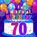 70th Birthday Cake gif: colorful candles, balloons, confetti and number 70