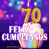 GIF animado de un cupcake decorado con confites, dos velas doradas encendidas formando el número 70, sobre un fondo púrpura brillante con destellos.