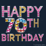 Animated Happy 70th Birthday in sparkling gemstone letters, with dazzling pink, blue, red, and gold accents on a dark background. Perfect for festive digital greetings.