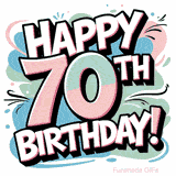Retro-style GIF showing the phrase 'Happy 70th Birthday' in large bubble letters with comic-book accents, surrounded by pastel bursts and graphic lines.