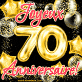 GIF animé pour un 70e anniversaire avec des ballons dorés en forme de 70, entourés de ballons scintillants et du texte 'Joyeux Anniversaire!' en écriture élégante.