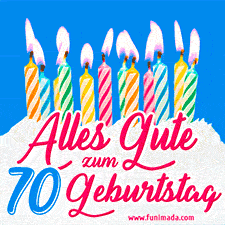 Ein buntes Geburtstags-GIF mit strahlenden Kerzen auf einer festlichen Torte zur Feier des 70.