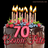 GIF animé pour un 70e anniversaire avec un somptueux gâteau au chocolat décoré de baies fraîches, des bougies allumées et le texte '70 Bonne Fête!' en rouge.