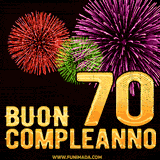 Animazione di fuochi d'artificio colorati con il numero 70 in oro brillante e la scritta 'Buon Compleanno' su uno sfondo nero festivo ed elegante.