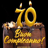 GIF animato con una torta al cioccolato decorata con crema, dettagli dorati e due candele accese che formano il numero 70. Messaggio 'Buon Compleanno' in scritta elegante.