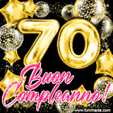 Animazione con palloncini dorati a forma del numero 70, circondati da decorazioni scintillanti e la scritta 'Buon Compleanno!' in caratteri rosa accattivanti.