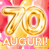 Bouquet animato di palloncini multicolori che emergono da una scatola regalo, con il numero 70 e la scritta 'Tanti Auguri!' su uno sfondo pieno di coriandoli.