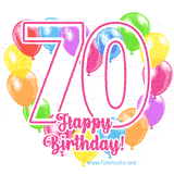 An animated birthday greeting card with a large '70' in pink outline surrounded by colorful balloons heart-shaped frame, and 'Happy Birthday!' written below in hand-written font.