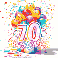 Animated star-shaped confetti, multicolor balloons, and a gift box in a joyful 70th birthday GIF