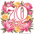 Animated 70th birthday GIF featuring a wreath of beautiful peonies, perfect for her special day