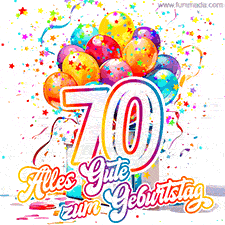 Ein lebendiges Geburtstags-GIF mit bunten Ballons, animiertem Konfetti, der Zahl 70 und den Worten 'Alles Gute zum Geburtstag' in dekorativer Schriftart.